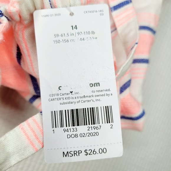 Carter's Kid Size 14 Woven Summer Tank Top Pink Blue Sleeveless Summer Cute Fun - Picture 9 of 10